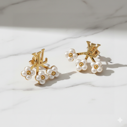 Louis Vuitton Loulougram Faux Pearl Gold Tone Earrings