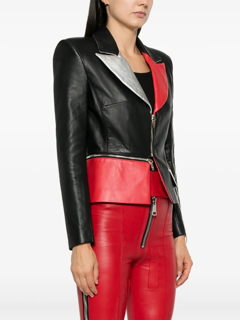 MITHLANE Colorblock Leather Moto Jacket