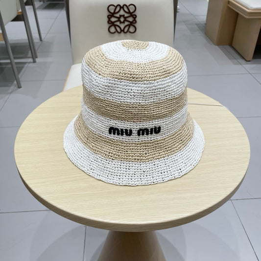 Miu Miu Raffia Bucket Hat with Striped Pattern