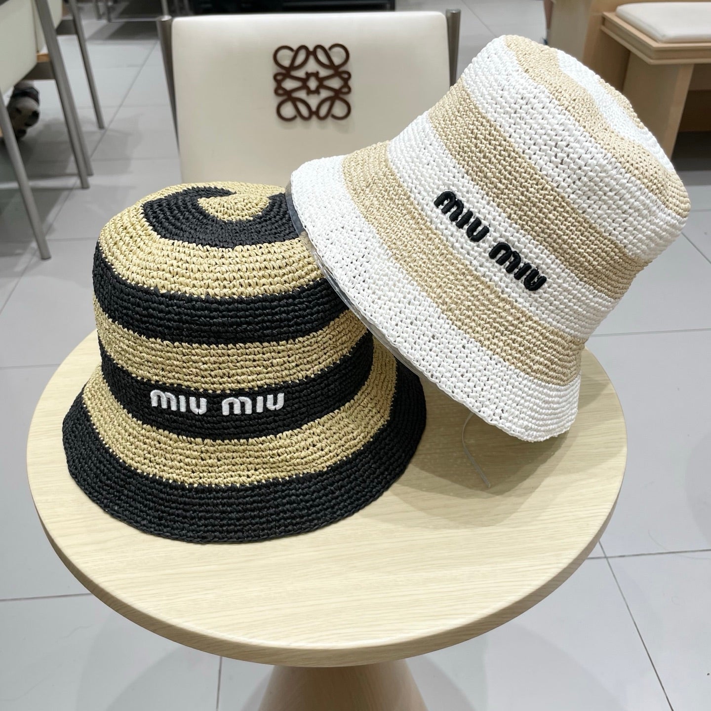 Miu Miu Raffia Bucket Hat with Striped Pattern