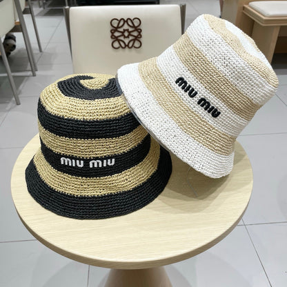 Miu Miu Raffia Bucket Hat with Striped Pattern