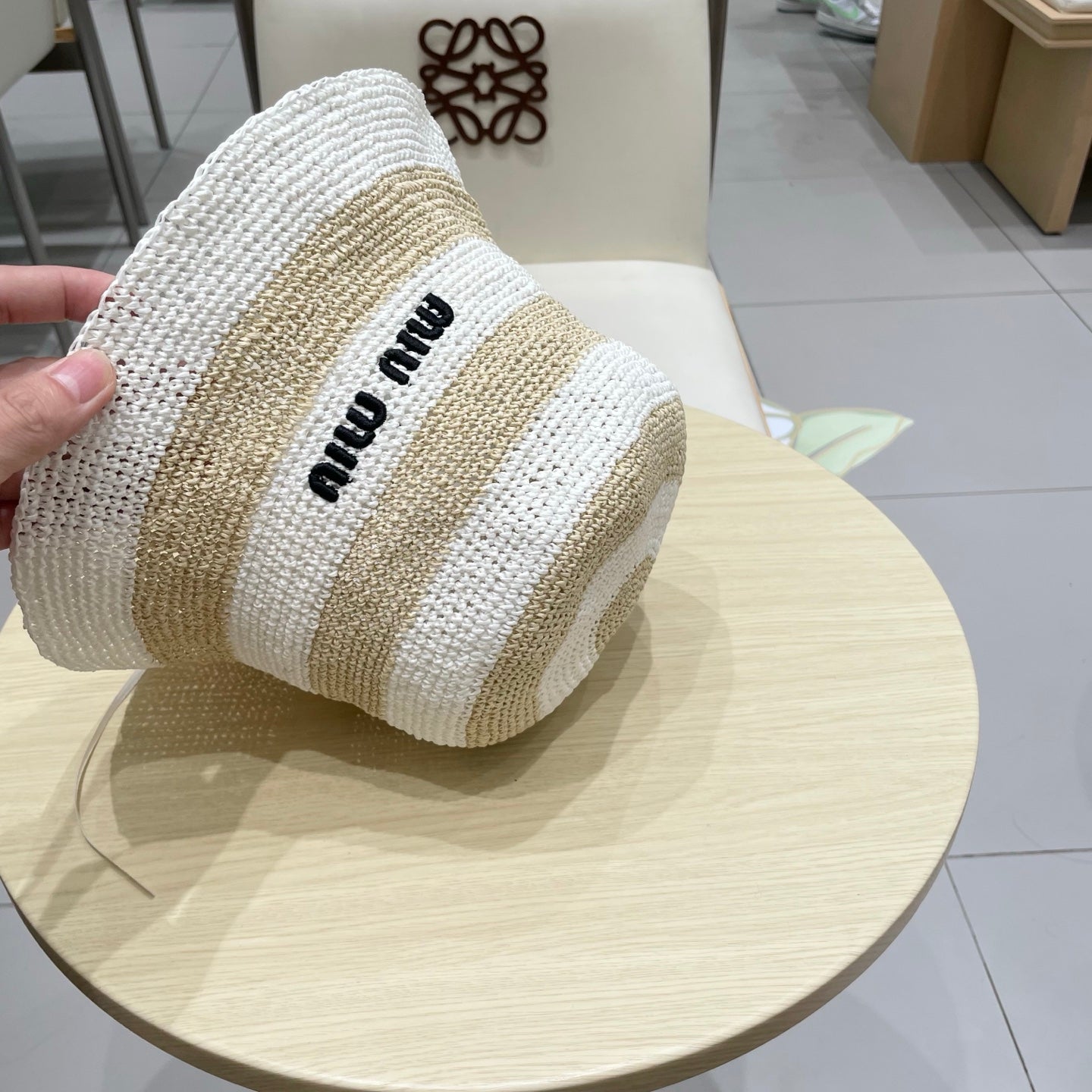 Miu Miu Raffia Bucket Hat with Striped Pattern