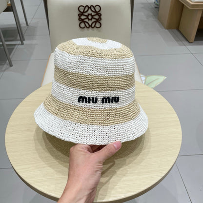 Miu Miu Raffia Bucket Hat with Striped Pattern