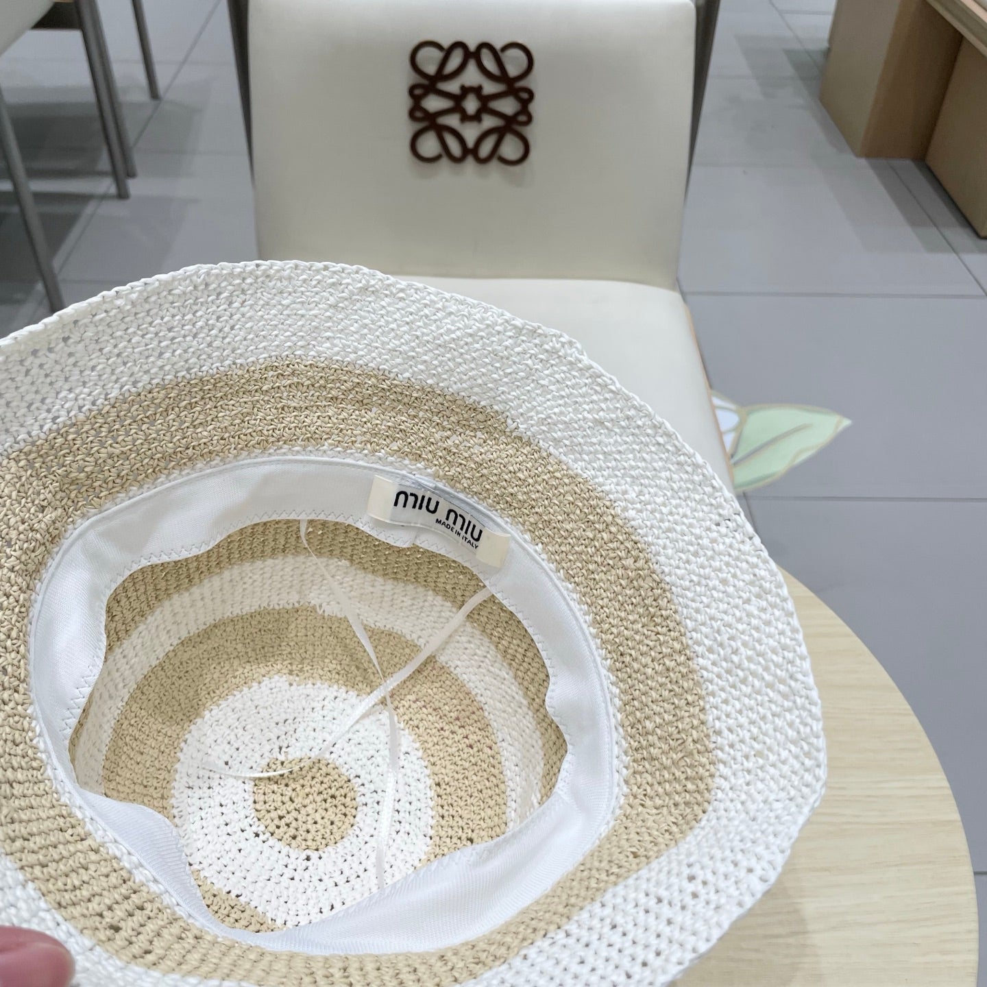 Miu Miu Raffia Bucket Hat with Striped Pattern
