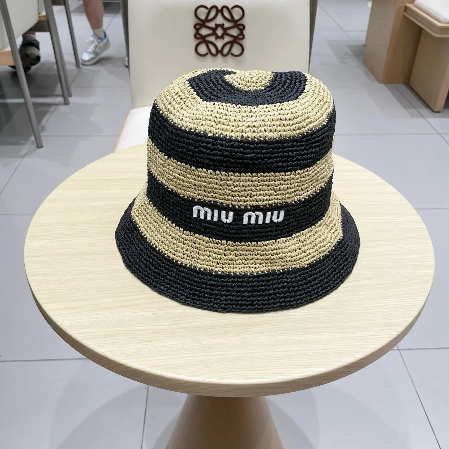 Miu Miu Raffia Bucket Hat with Striped Pattern
