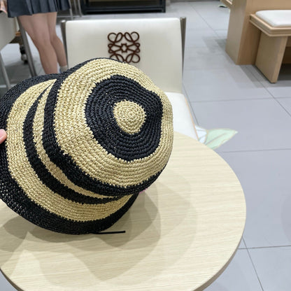 Miu Miu Raffia Bucket Hat with Striped Pattern