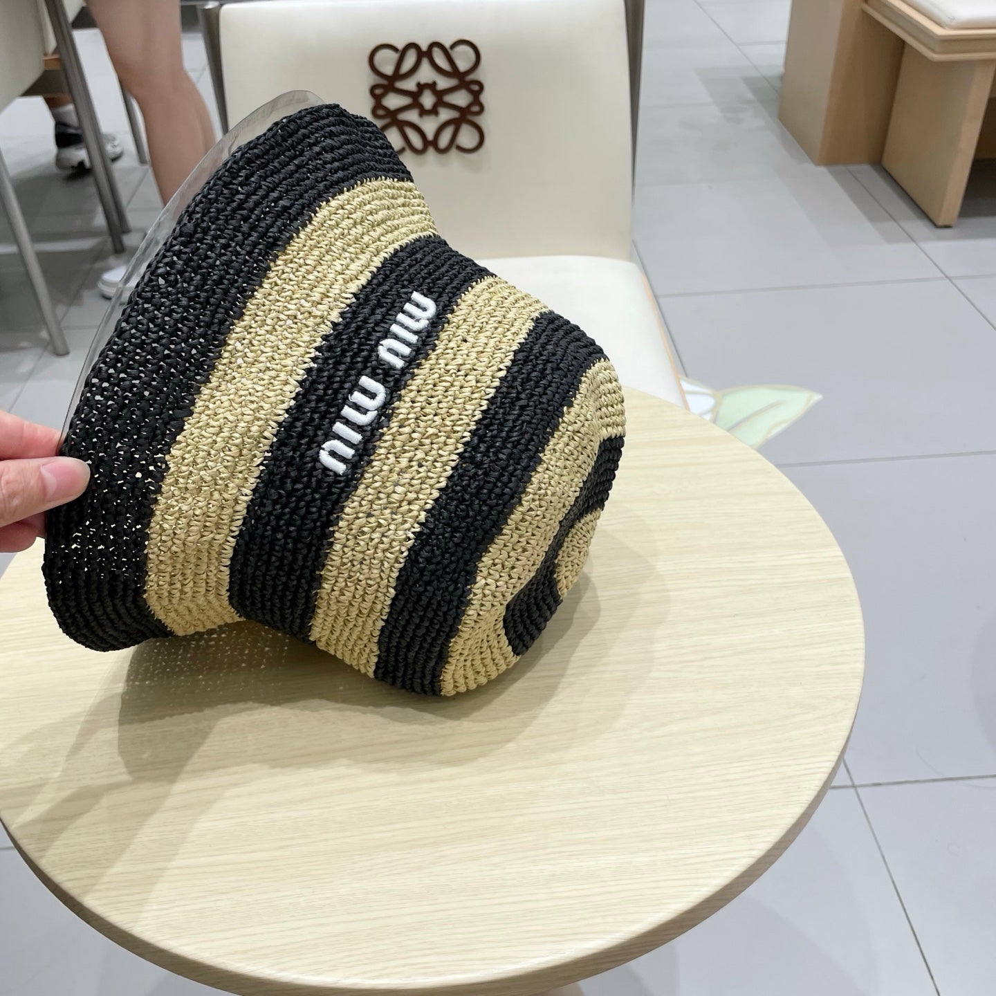 Miu Miu Raffia Bucket Hat with Striped Pattern