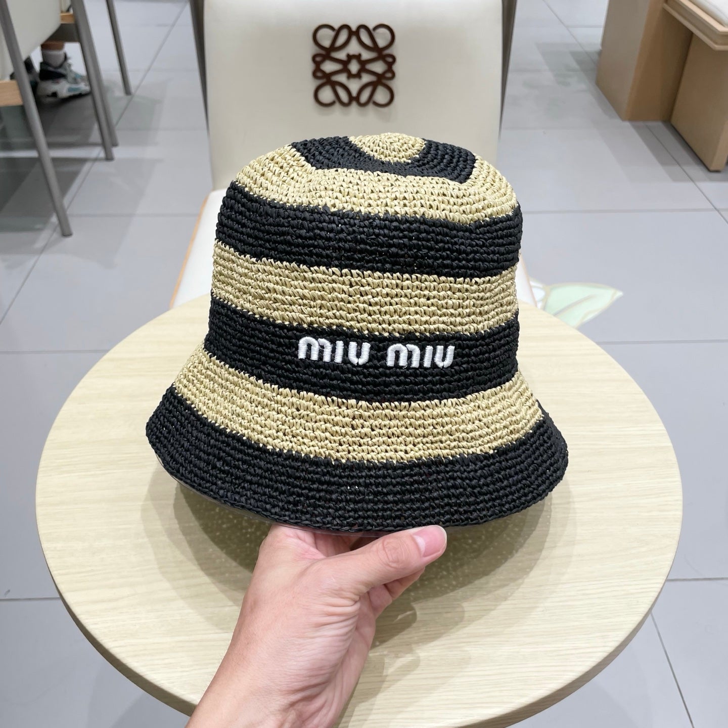 Miu Miu Raffia Bucket Hat with Striped Pattern