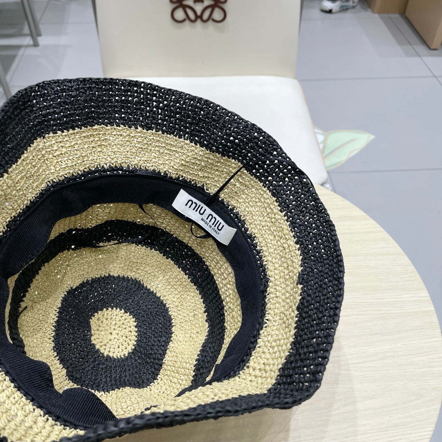 Miu Miu Raffia Bucket Hat with Striped Pattern