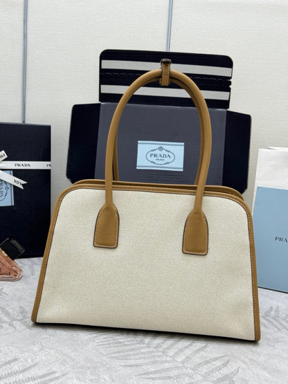 Prada Linen Blend Leather Tote Bag – Tan/Caramel