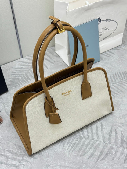 Prada Linen Blend Leather Tote Bag – Tan/Caramel
