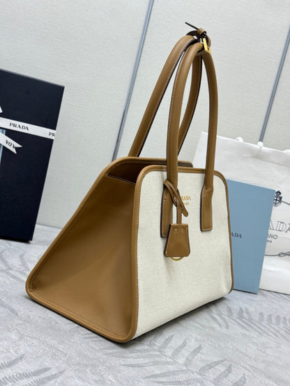 Prada Linen Blend Leather Tote Bag – Tan/Caramel