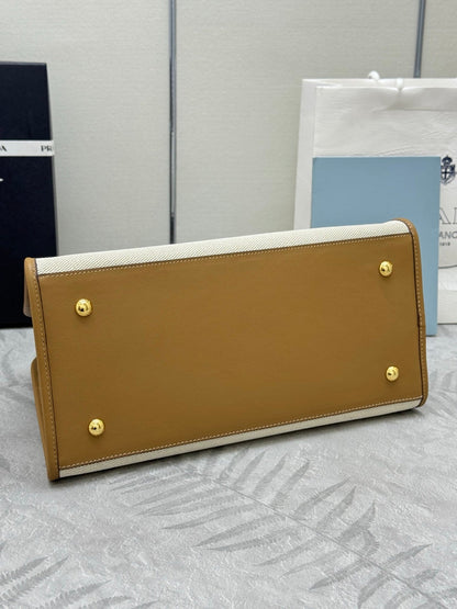 Prada Linen Blend Leather Tote Bag – Tan/Caramel