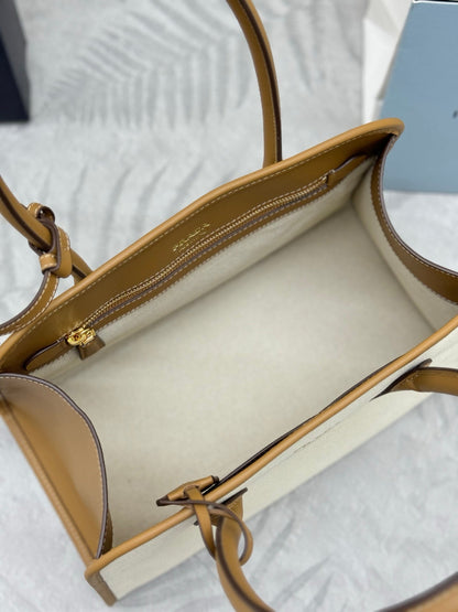 Prada Linen Blend Leather Tote Bag – Tan/Caramel