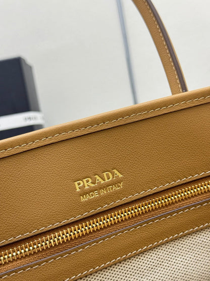 Prada Linen Blend Leather Tote Bag – Tan/Caramel