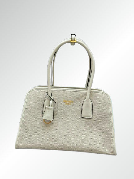 Prada Linen Blend Leather Tote Bag – Tan/White