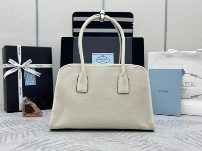 Prada Linen Blend Leather Tote Bag – Tan/White