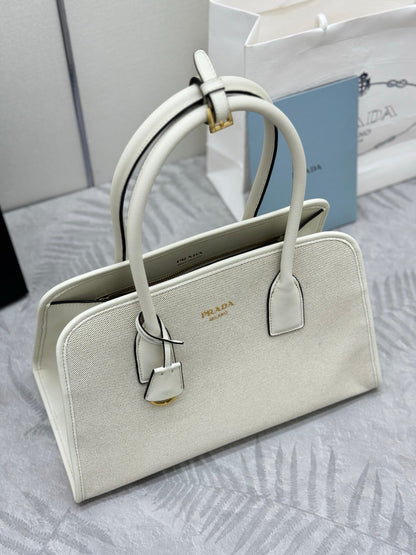 Prada Linen Blend Leather Tote Bag – Tan/White