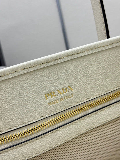 Prada Linen Blend Leather Tote Bag – Tan/White