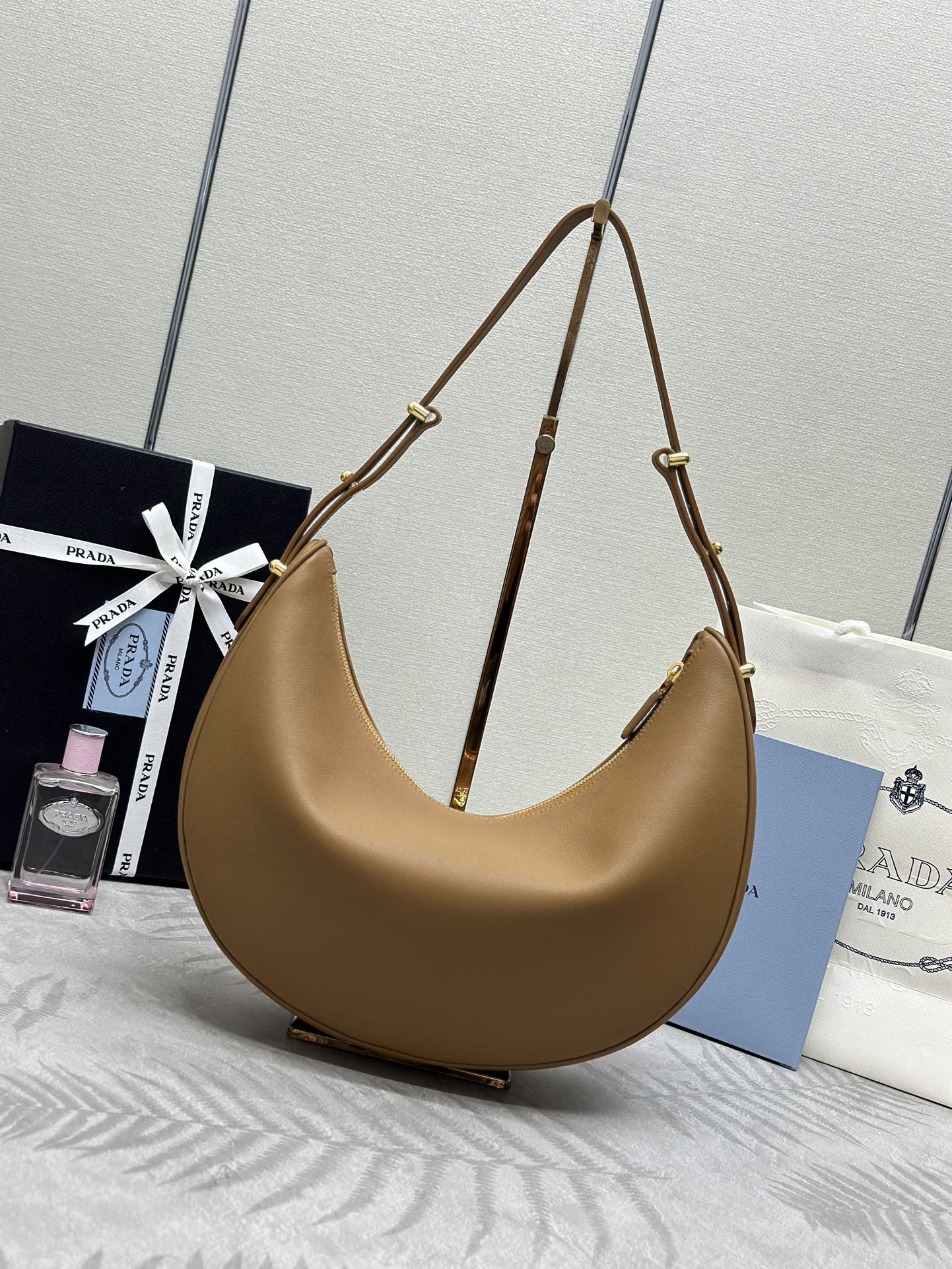 Prada Leather Moon Shoulder Bag - Caramel