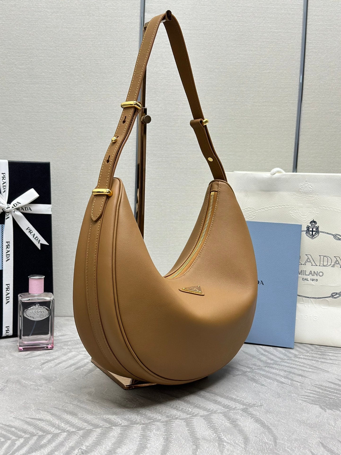 Prada Leather Moon Shoulder Bag - Caramel