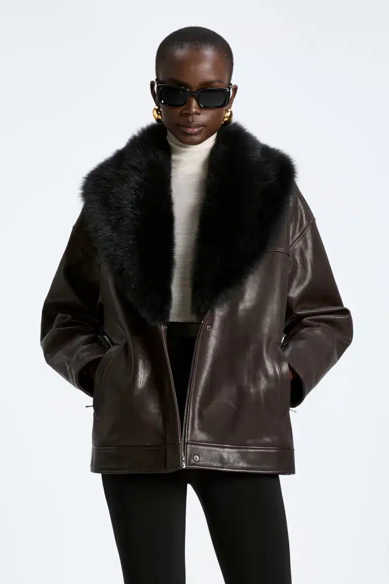 Rhett Dark Brown Leather Jacket with Fur Collar