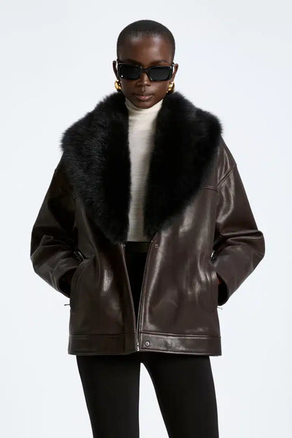 Rhett Dark Brown Leather Jacket with Fur Collar