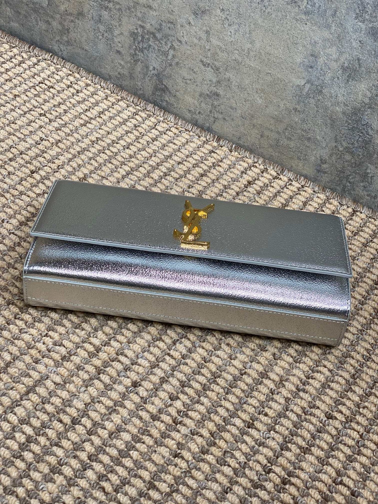 SAINT LAURENT Cassandre Metallic Logo Clutch Bag