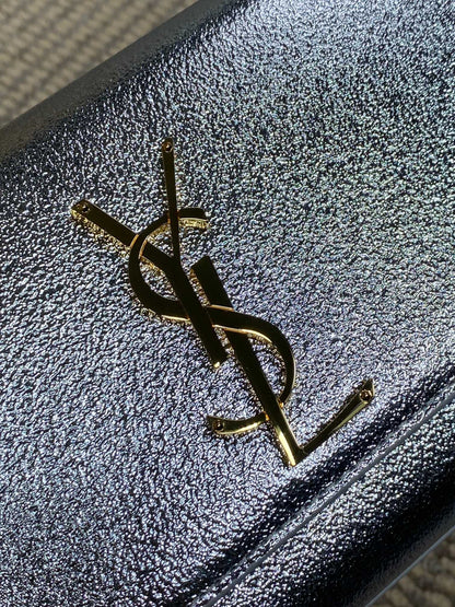 SAINT LAURENT Cassandre Metallic Logo Clutch Bag