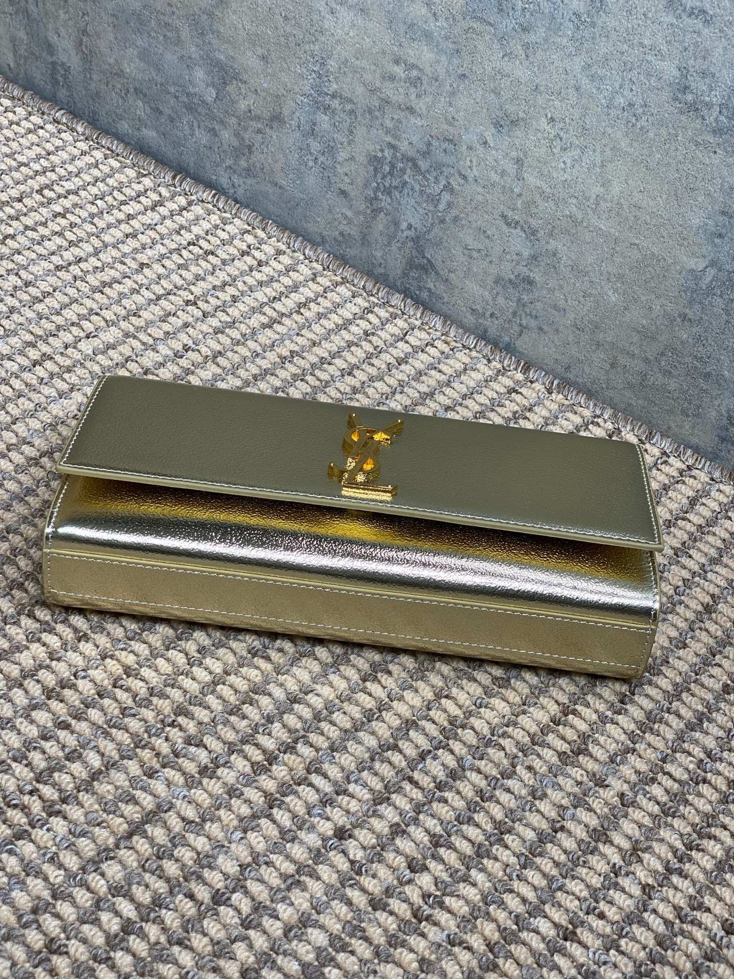 SAINT LAURENT Cassandre Metallic Logo Clutch Bag