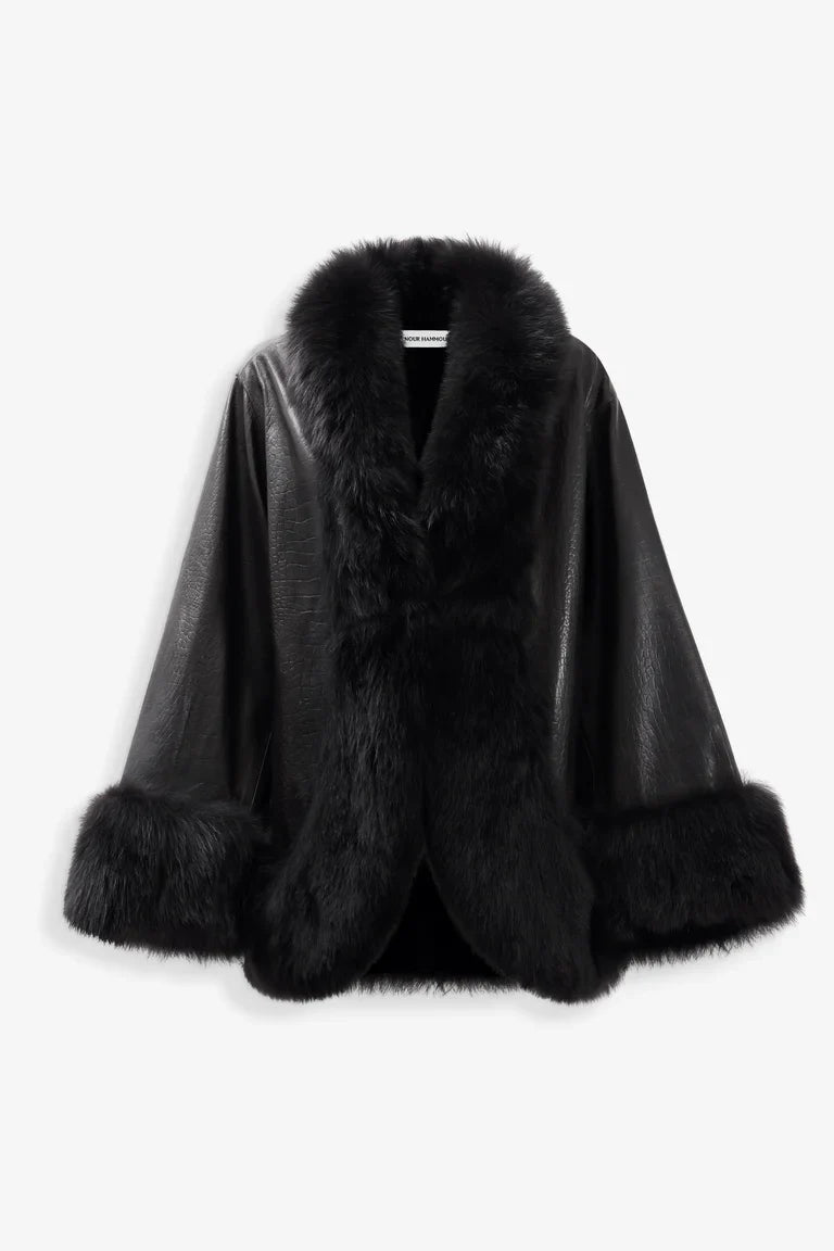 Sabine Croco-Embossed Black Leather Coat with Fur Trim