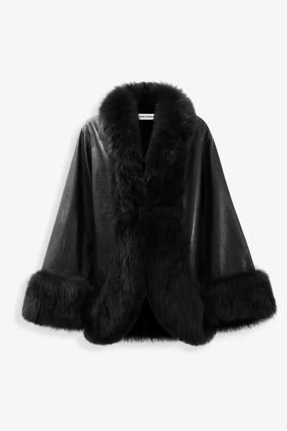 Sabine Croco-Embossed Black Leather Coat with Fur Trim