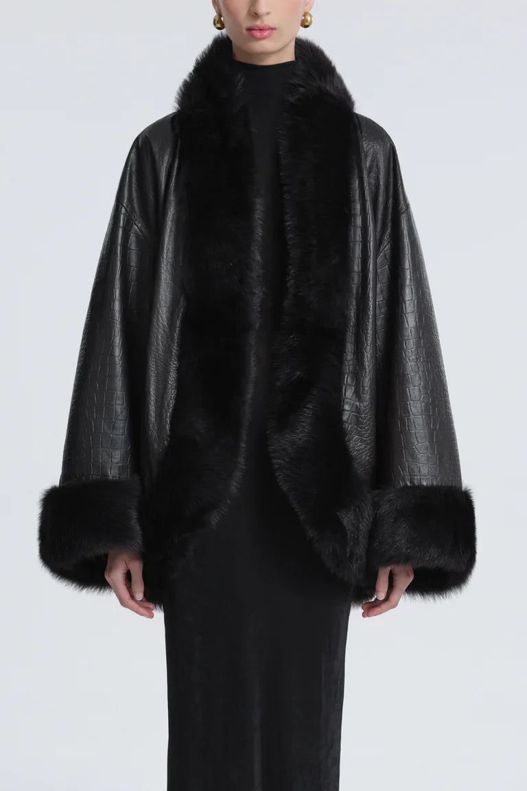 Sabine Croco-Embossed Black Leather Coat with Fur Trim