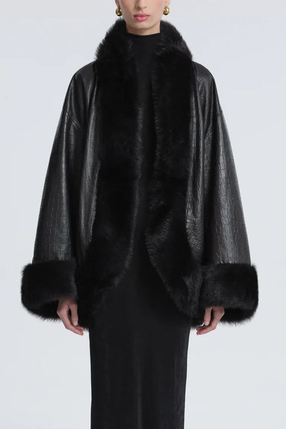Sabine Croco-Embossed Black Leather Coat with Fur Trim
