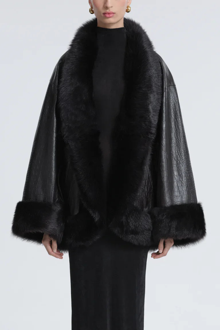 Sabine Croco-Embossed Black Leather Coat with Fur Trim