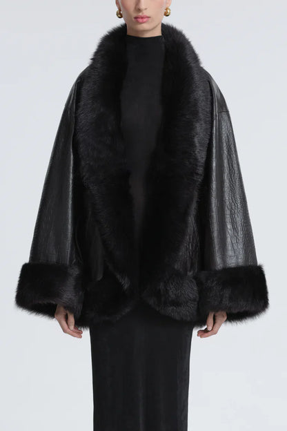 Sabine Croco-Embossed Black Leather Coat with Fur Trim