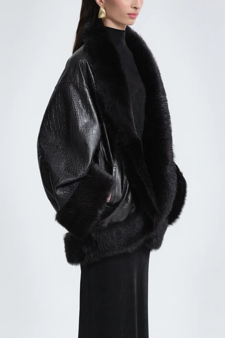 Sabine Croco-Embossed Black Leather Coat with Fur Trim
