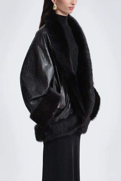 Sabine Croco-Embossed Black Leather Coat with Fur Trim