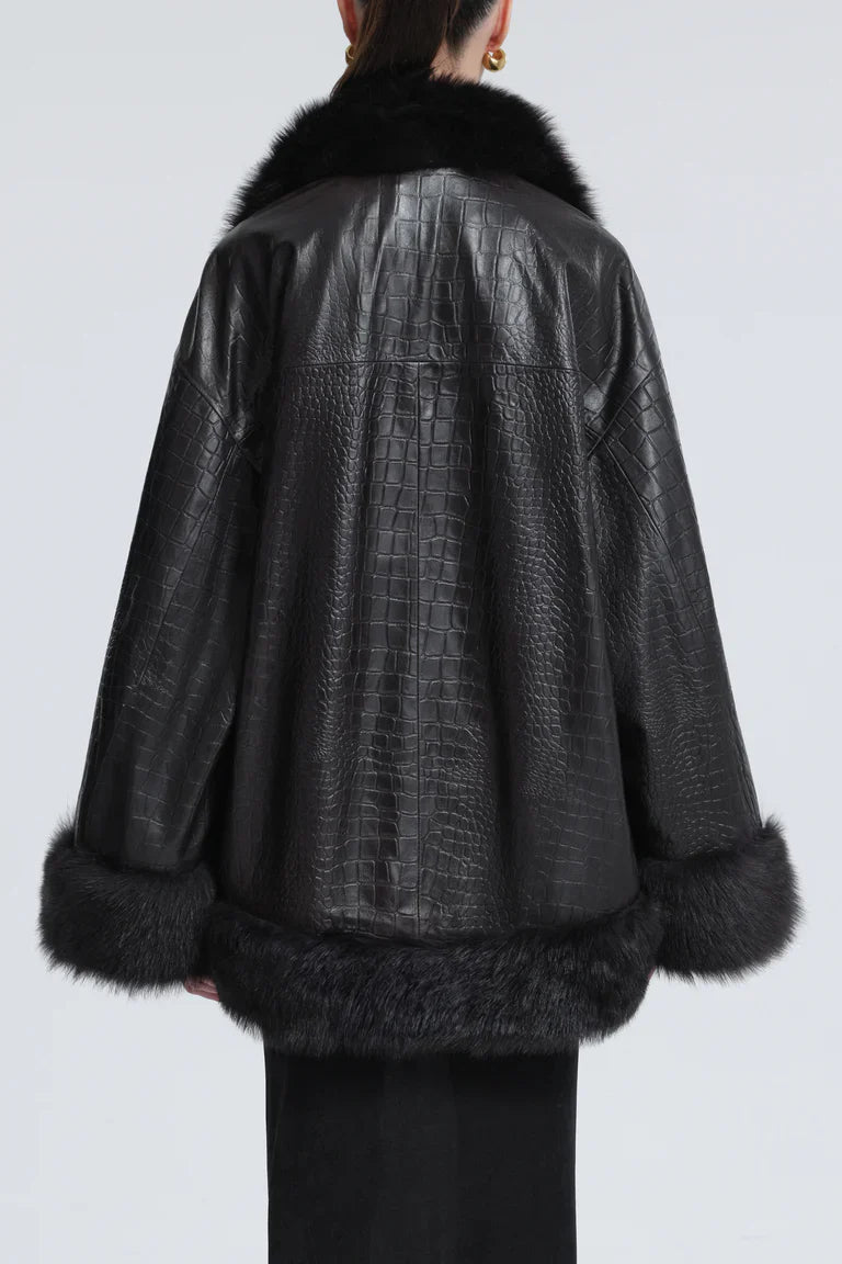 Sabine Croco-Embossed Black Leather Coat with Fur Trim