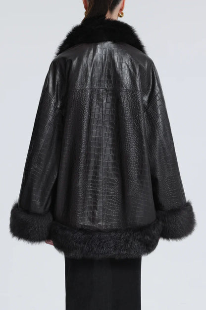 Sabine Croco-Embossed Black Leather Coat with Fur Trim