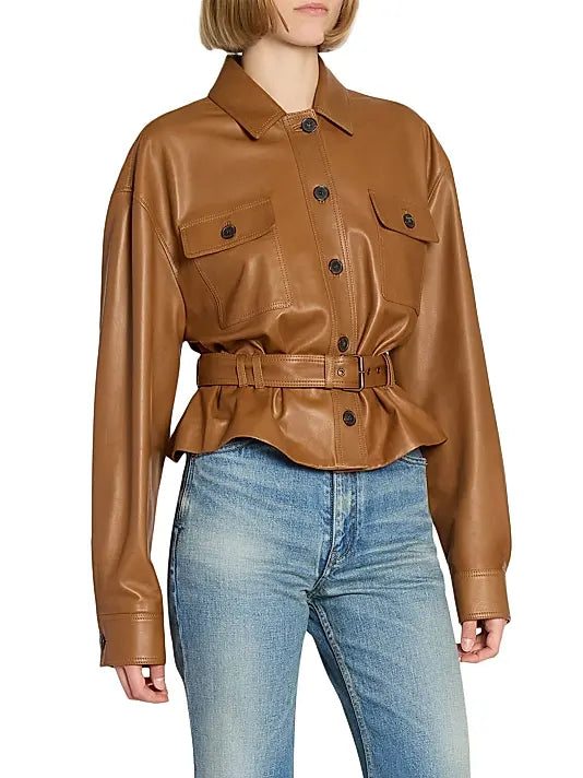 Saint Laurent Brown Belted Leather Jacket