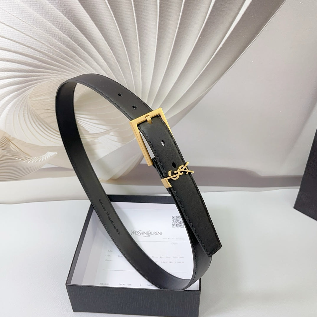 Saint Laurent Square Buckle Leather Belt with Mini Monogram Keeper
