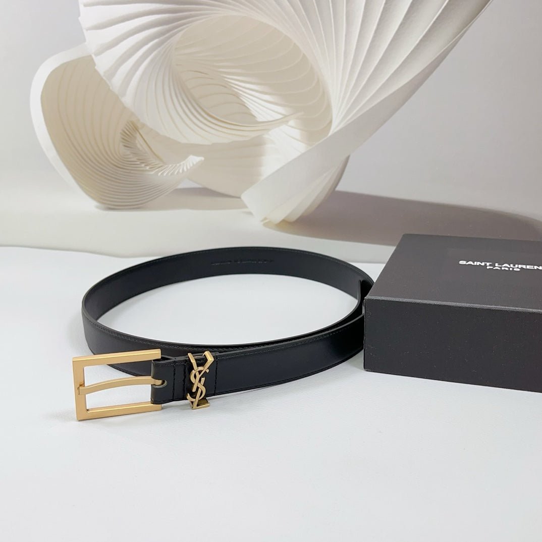 Saint Laurent Square Buckle Leather Belt with Mini Monogram Keeper