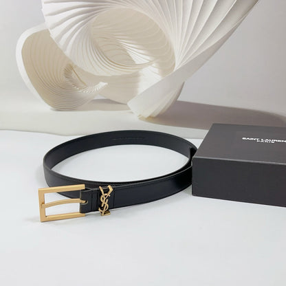 Saint Laurent Square Buckle Leather Belt with Mini Monogram Keeper