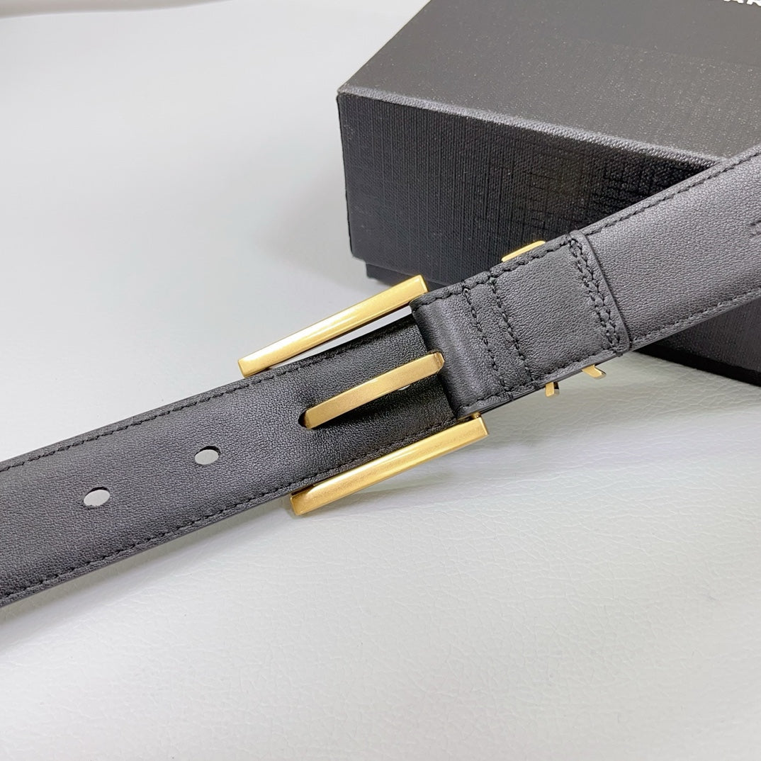 Saint Laurent Square Buckle Leather Belt with Mini Monogram Keeper