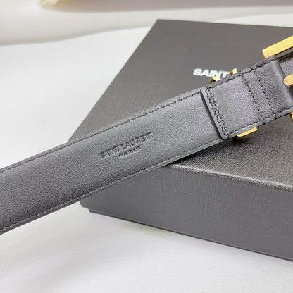 Saint Laurent Square Buckle Leather Belt with Mini Monogram Keeper