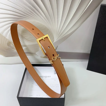 Saint Laurent Square Buckle Leather Belt with Mini Monogram Keeper