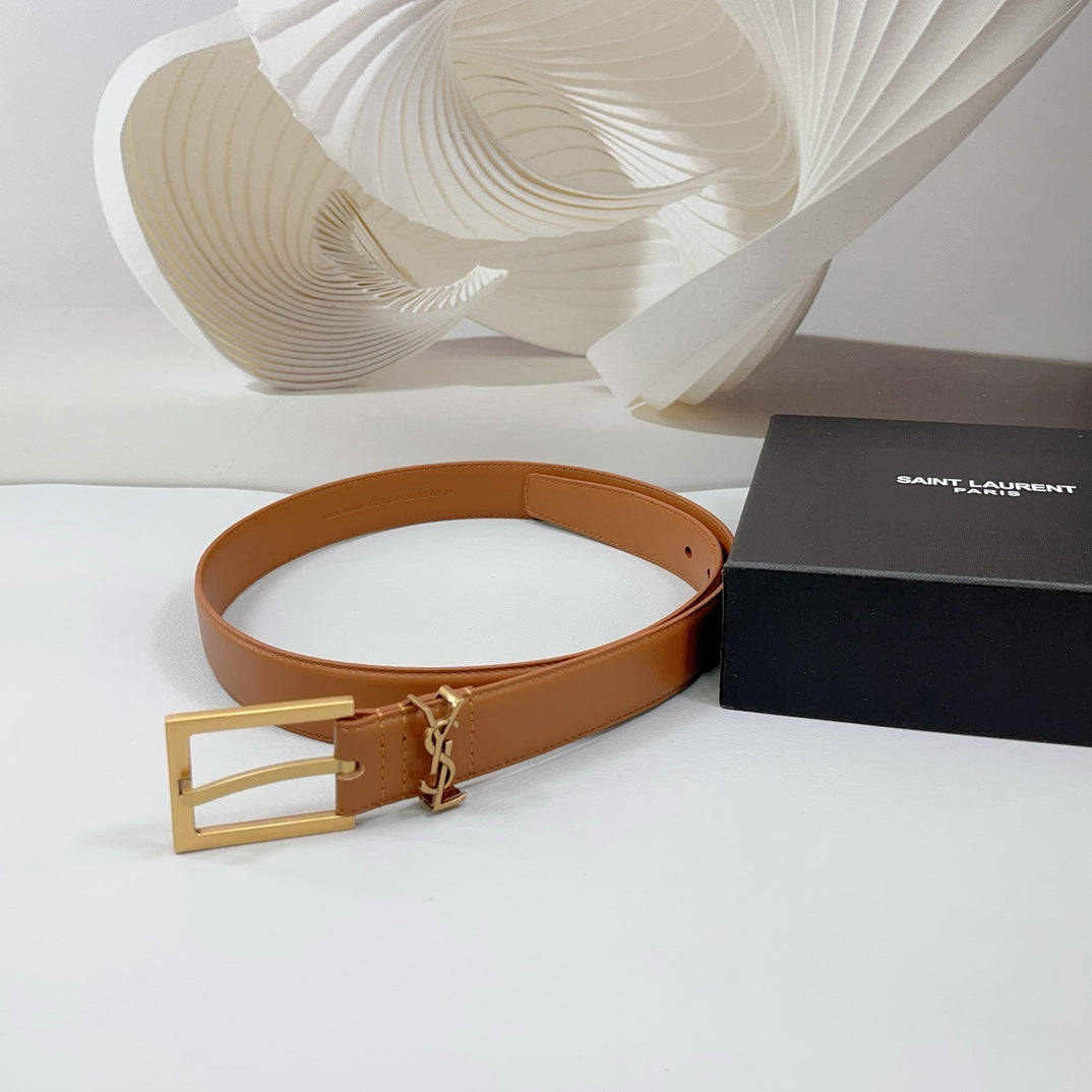 Saint Laurent Square Buckle Leather Belt with Mini Monogram Keeper