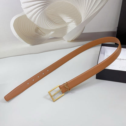 Saint Laurent Square Buckle Leather Belt with Mini Monogram Keeper