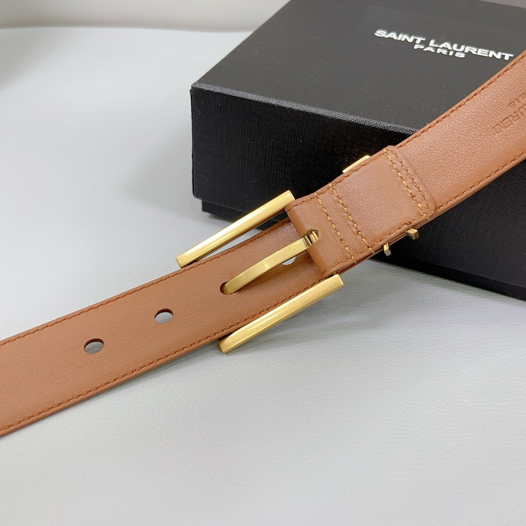 Saint Laurent Square Buckle Leather Belt with Mini Monogram Keeper